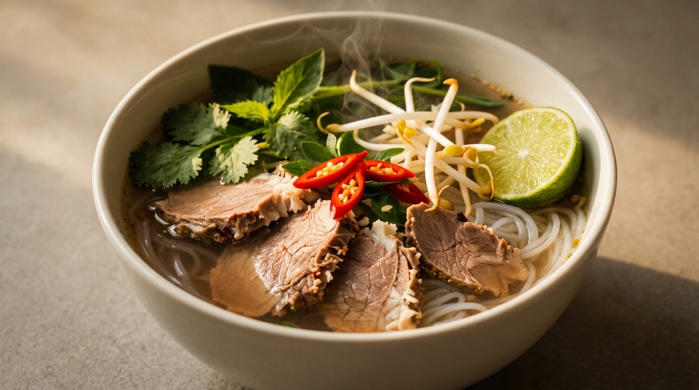 Steaming bowl of pho with beef, noodles, herbs, bean sprouts, chili, and lime.