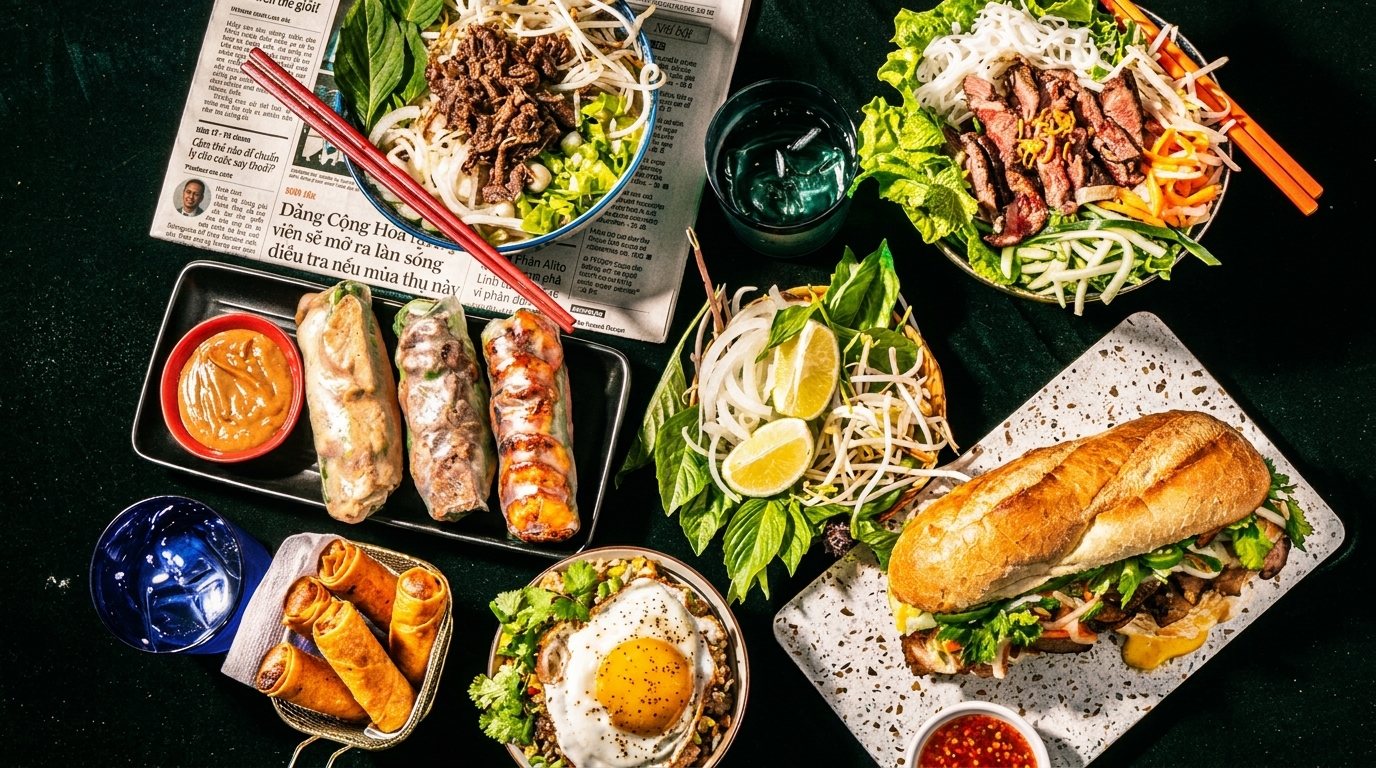A vibrant spread of Vietnamese dishes, including pho, spring rolls, banh mi, and rice with a fried egg.