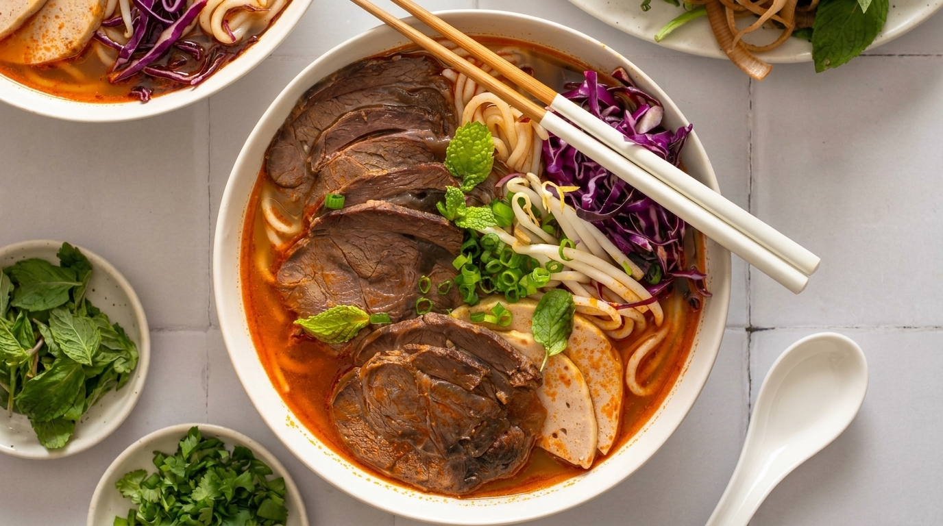 Overhead view of a large bowl of Bun Bo Hue with beef, pork, noodles, and fresh herbs.
