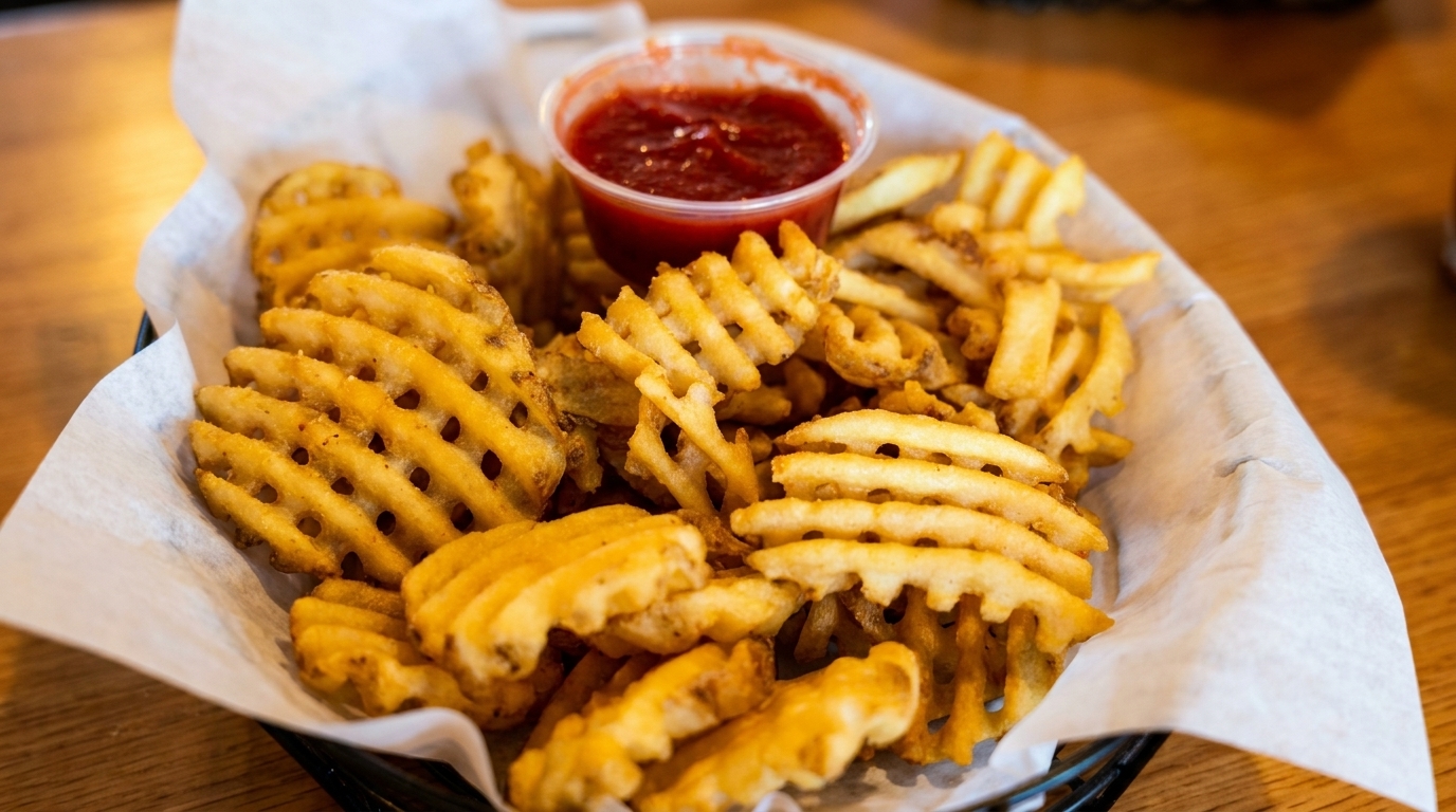 A basket of golden waffle fries with a side of ketchup on a wooden table.