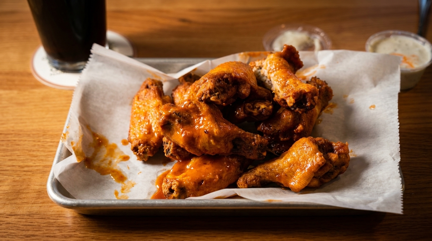 A metal tray of buffalo chicken wings on parchment paper, with a dark drink and dipping sauces.