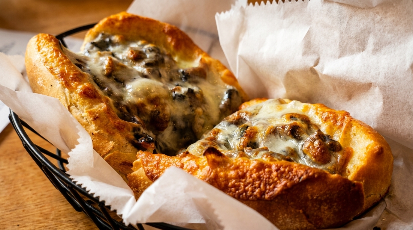 Two cheesy mushroom and sausage subs in a black wire basket lined with white paper.