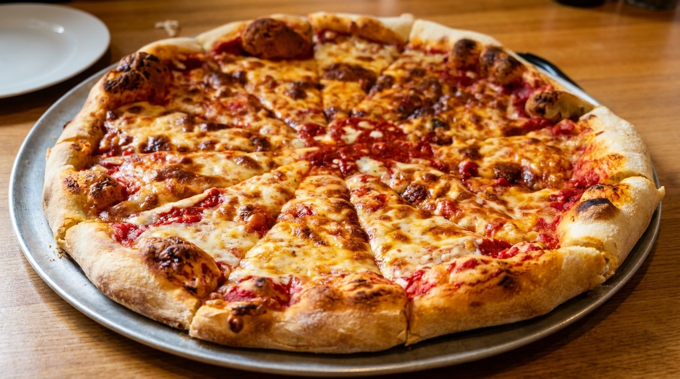 A whole cheese pizza, sliced into eight pieces, on a metal pan.