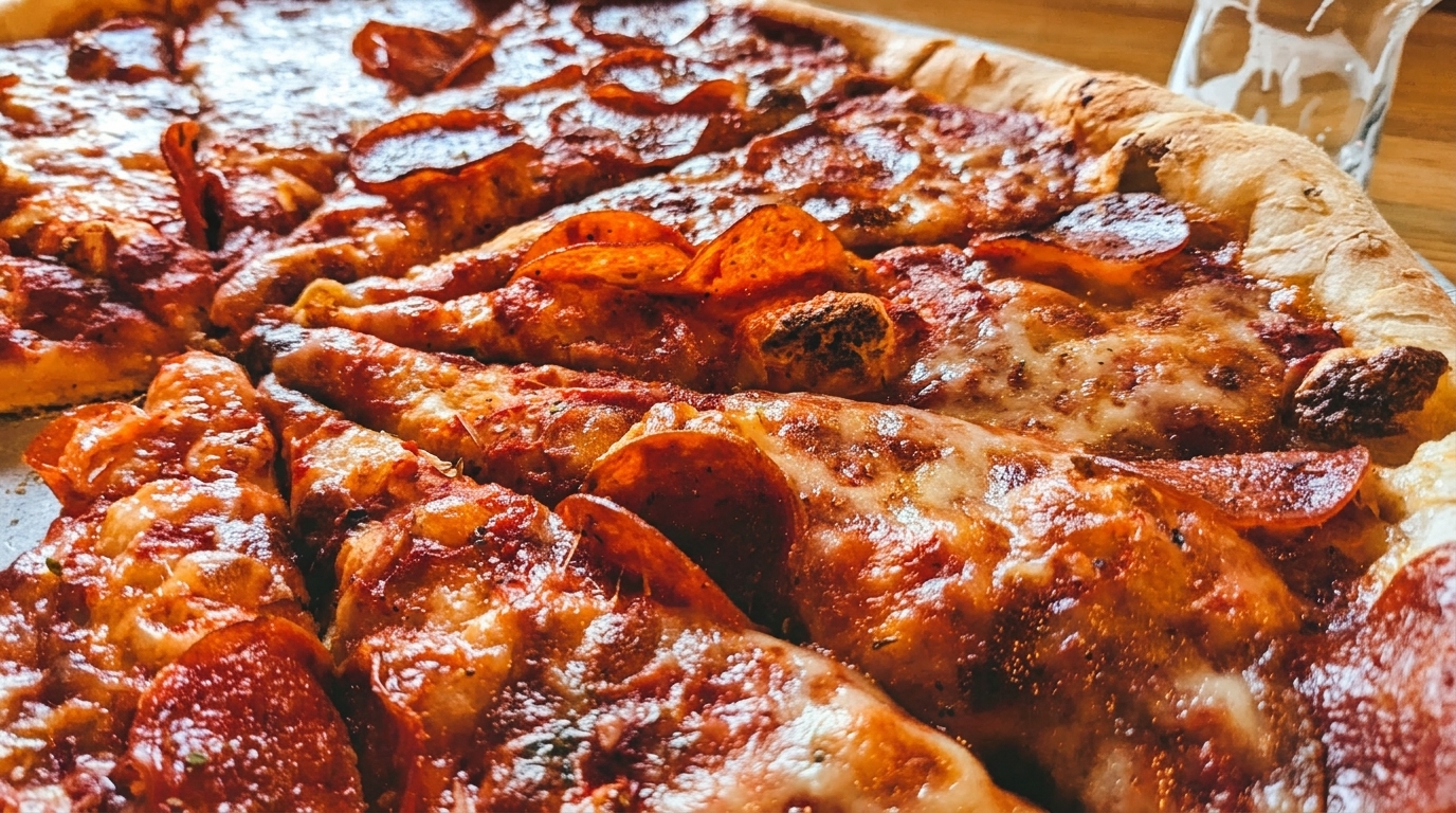 Close-up of a large, freshly baked pepperoni pizza with melted cheese and a crispy crust.