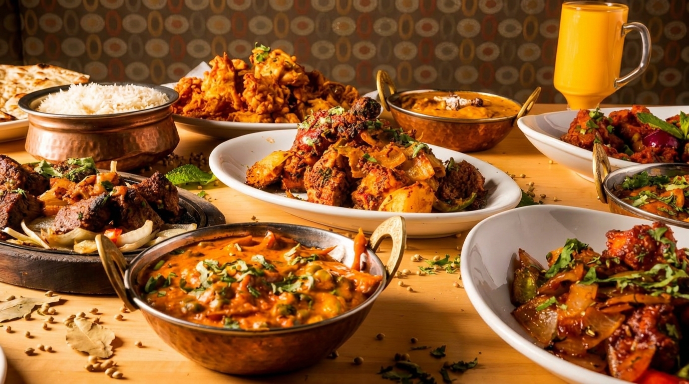 A vibrant spread of Indian dishes, including curries, rice, naan, and a drink, on a wooden table.