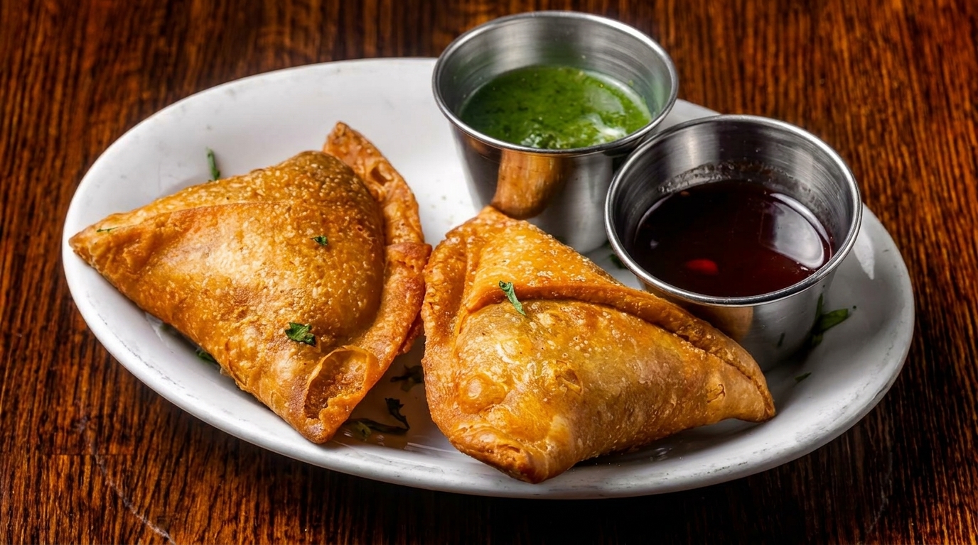 Two golden-brown samosas on a white plate with green and red dipping sauces in metal cups.