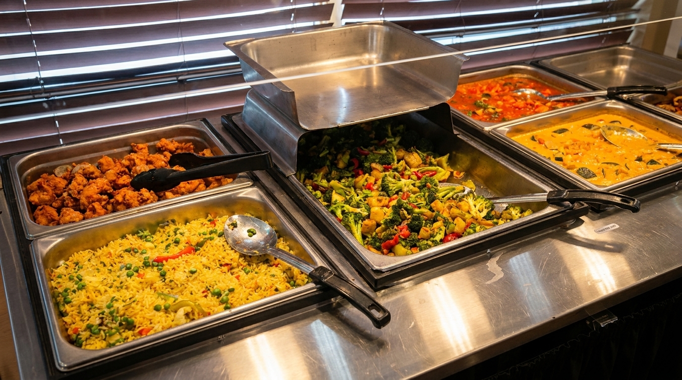 A buffet line with various hot dishes including fried chicken, rice, vegetables, and curries.