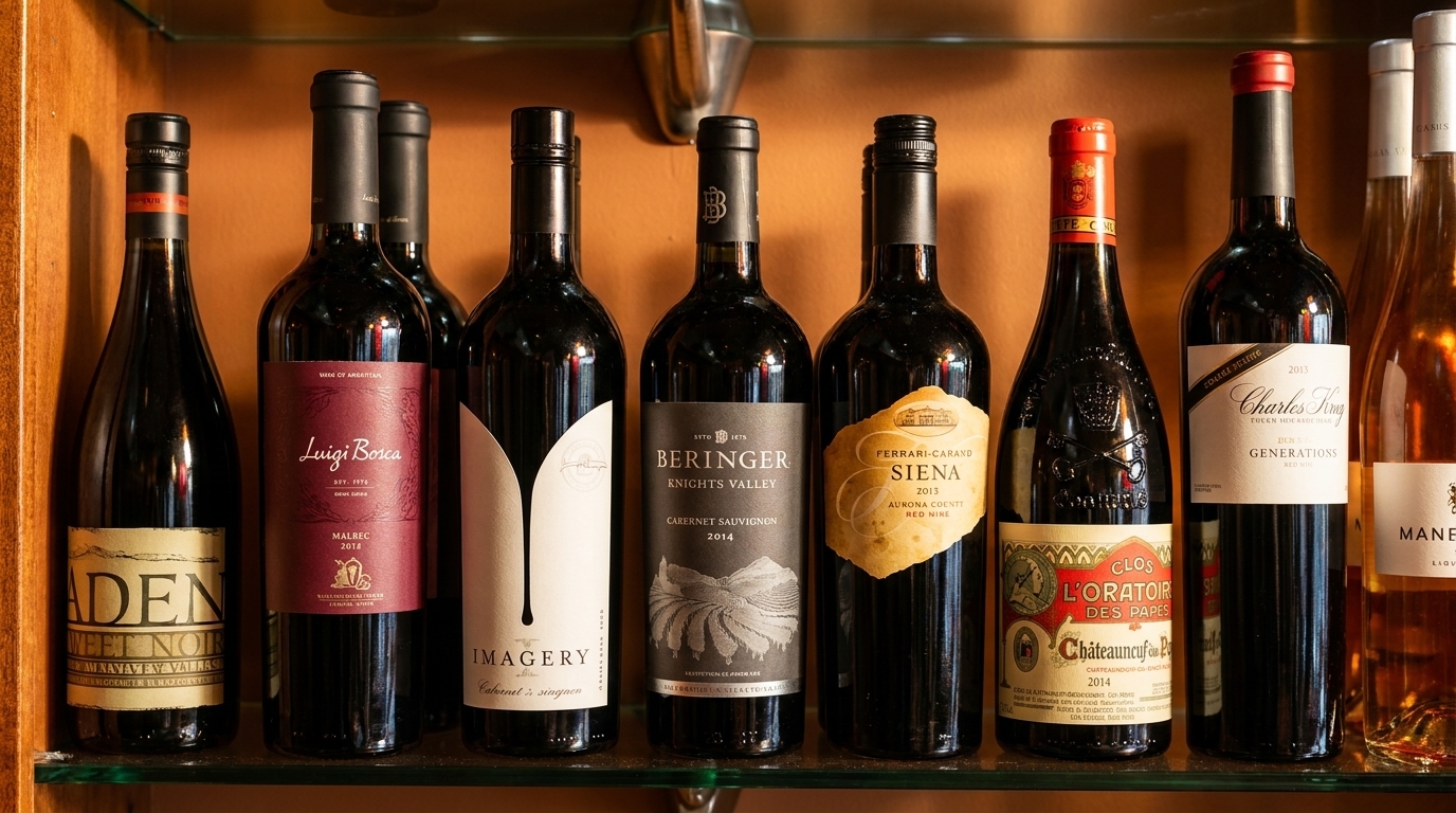 A collection of various red and white wine bottles displayed on a glass shelf.