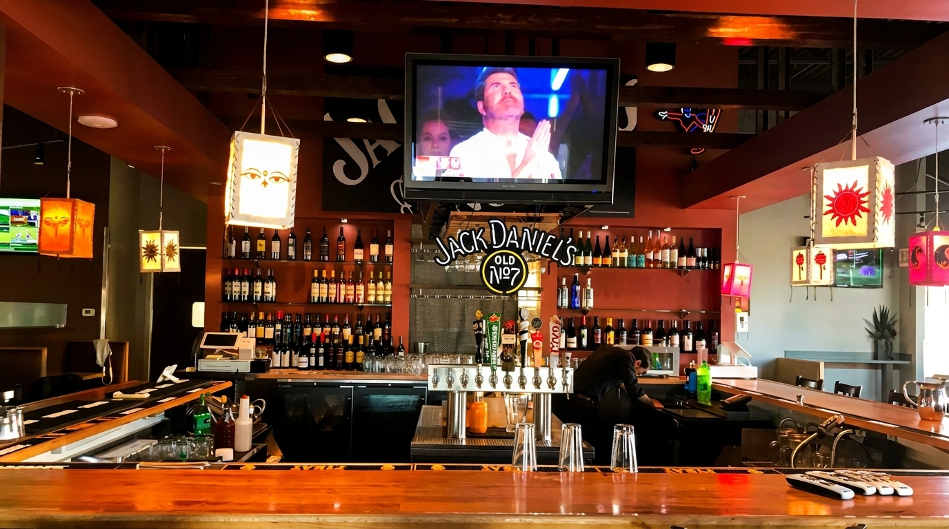 A vibrant bar area with a bartender, colorful lanterns, and a TV showing a man on screen.