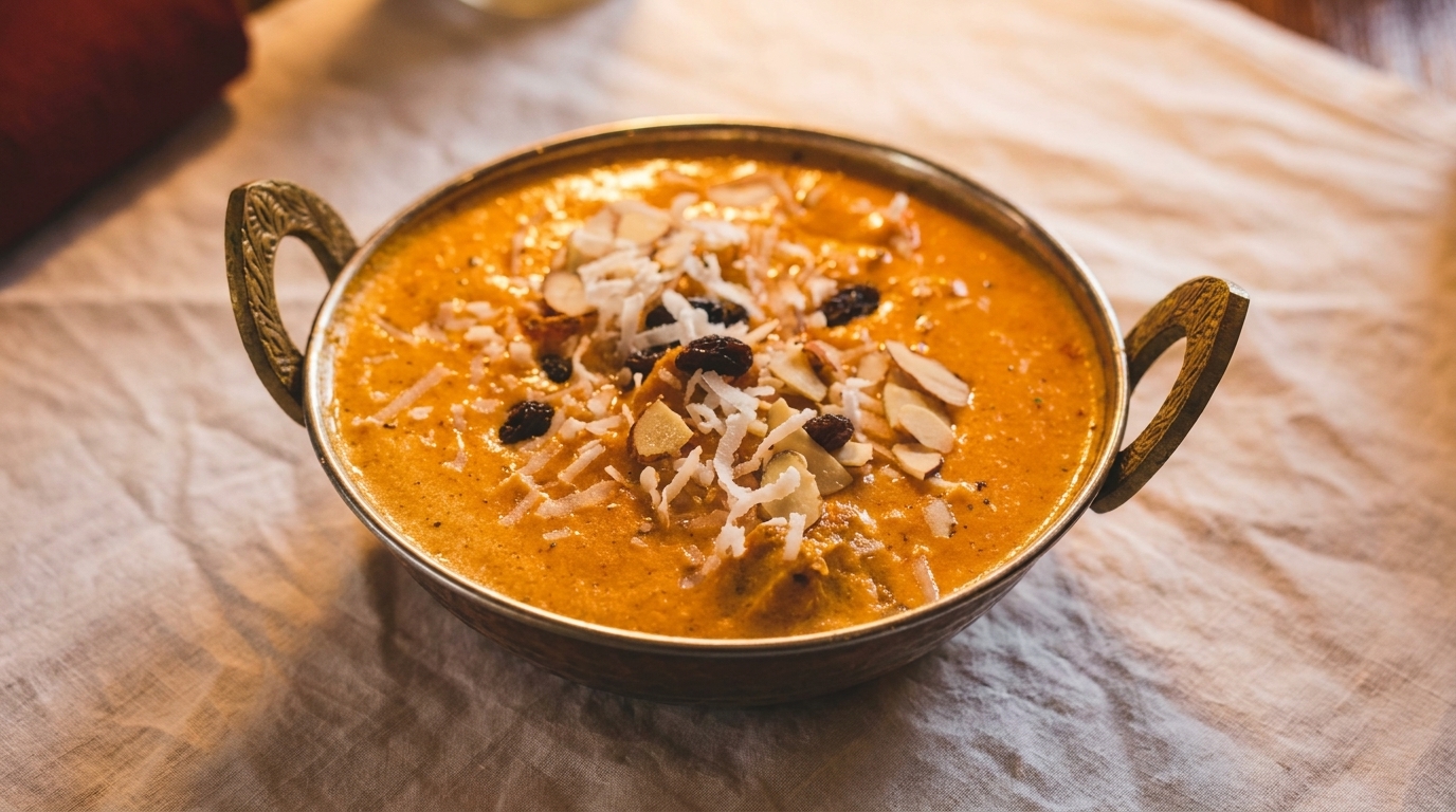Orange curry dish in a metal bowl, topped with shredded coconut, sliced almonds, and raisins.