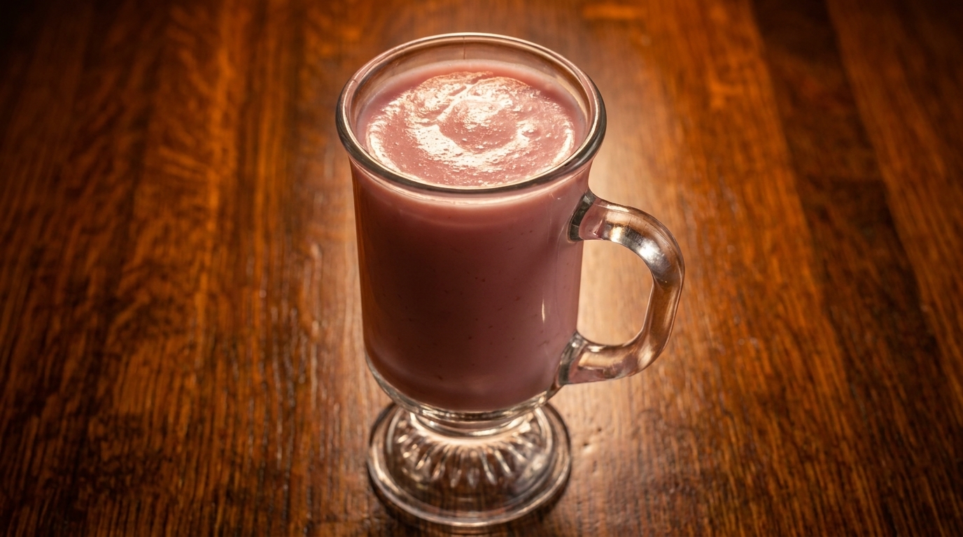 Pink smoothie in a clear glass mug with a handle, on a dark wooden table.