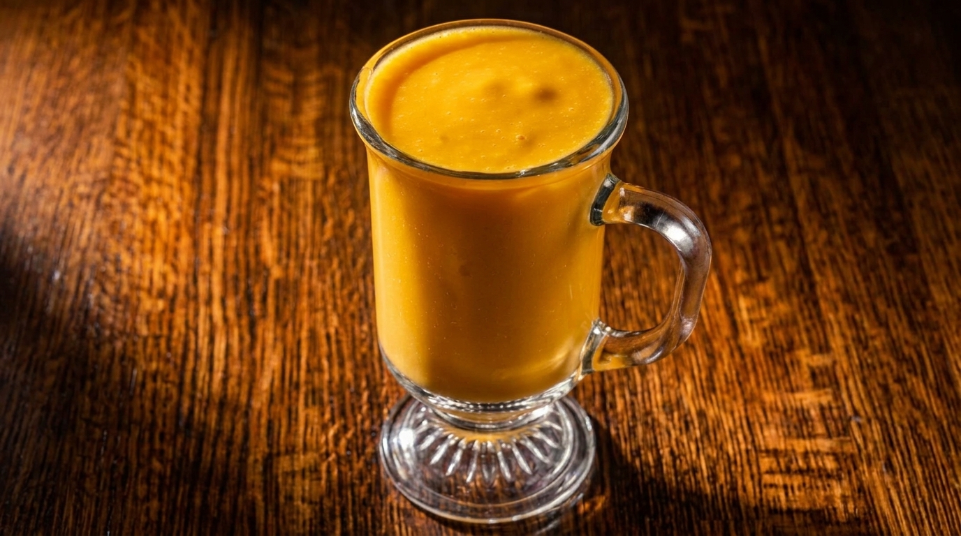 A tall glass mug with a handle, filled with a creamy orange-yellow smoothie, on a wooden table.