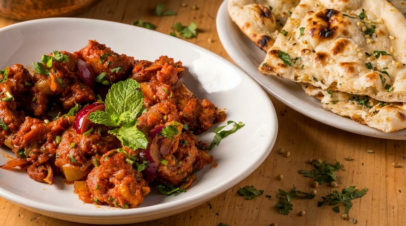 Spicy chicken dish with red onions and mint, served with garlic naan bread on a wooden table.
