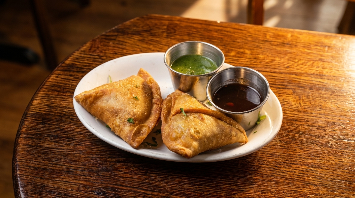 Two golden-brown samosas with green and brown dipping sauces on a white plate, on a wooden table.