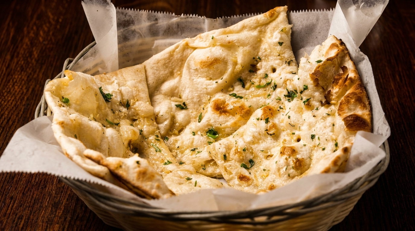 Basket of warm, fluffy naan bread with garlic and fresh parsley on a dark wooden table.