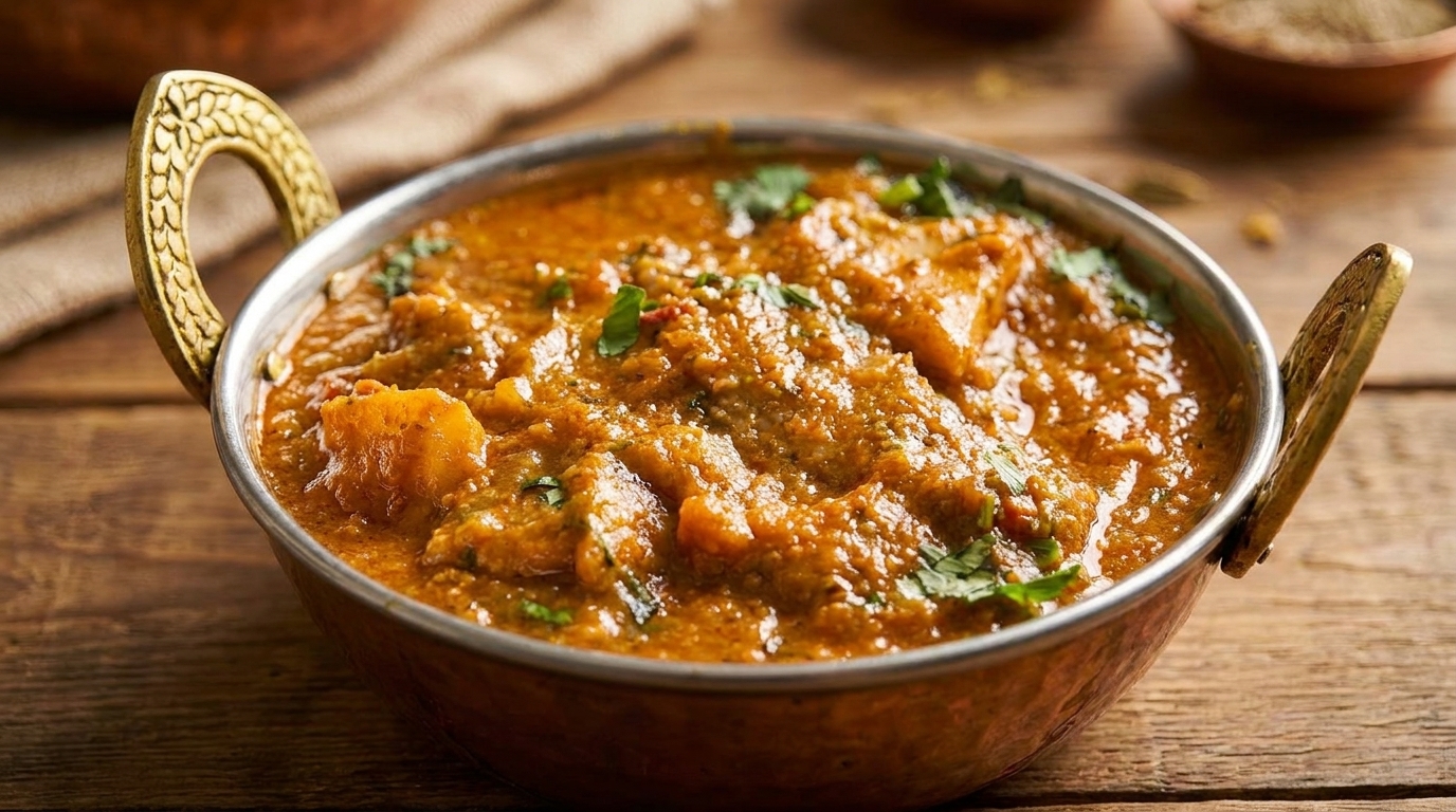 Close-up of a copper karahi bowl filled with rich, orange Indian curry garnished with fresh cilantro.
