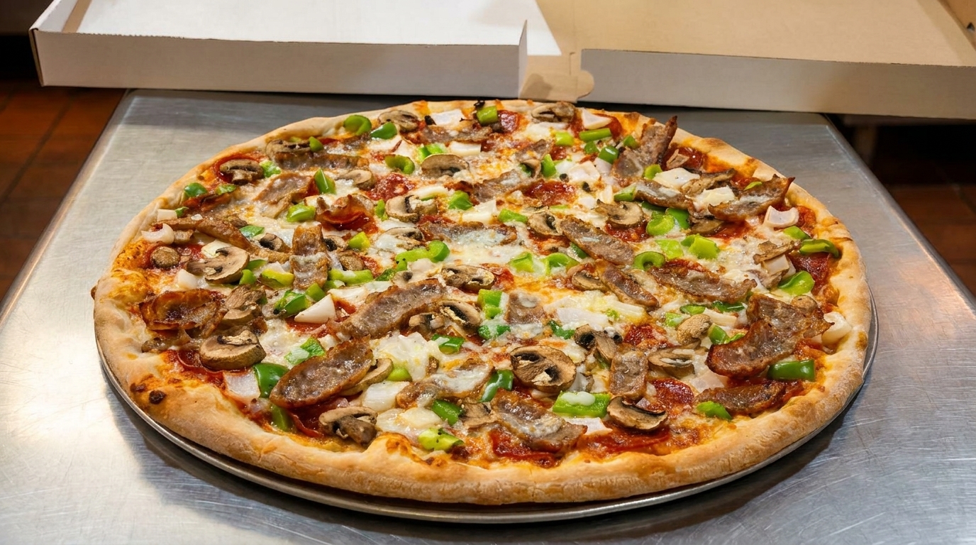 A freshly baked pizza with sausage, mushrooms, green peppers, and onions on a metal counter.