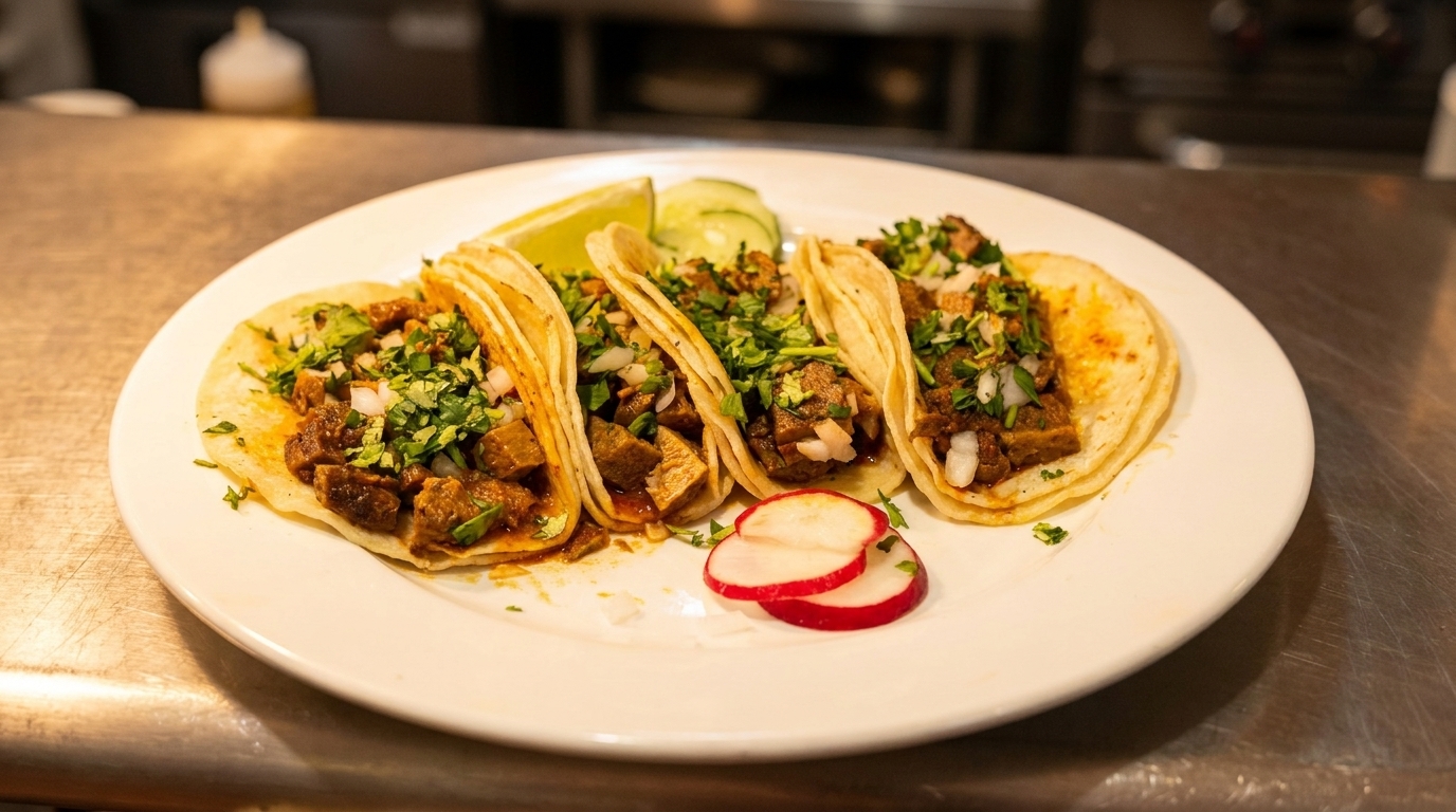 Four street tacos with meat, cilantro, and onions, served with lime, cucumber, and radishes.