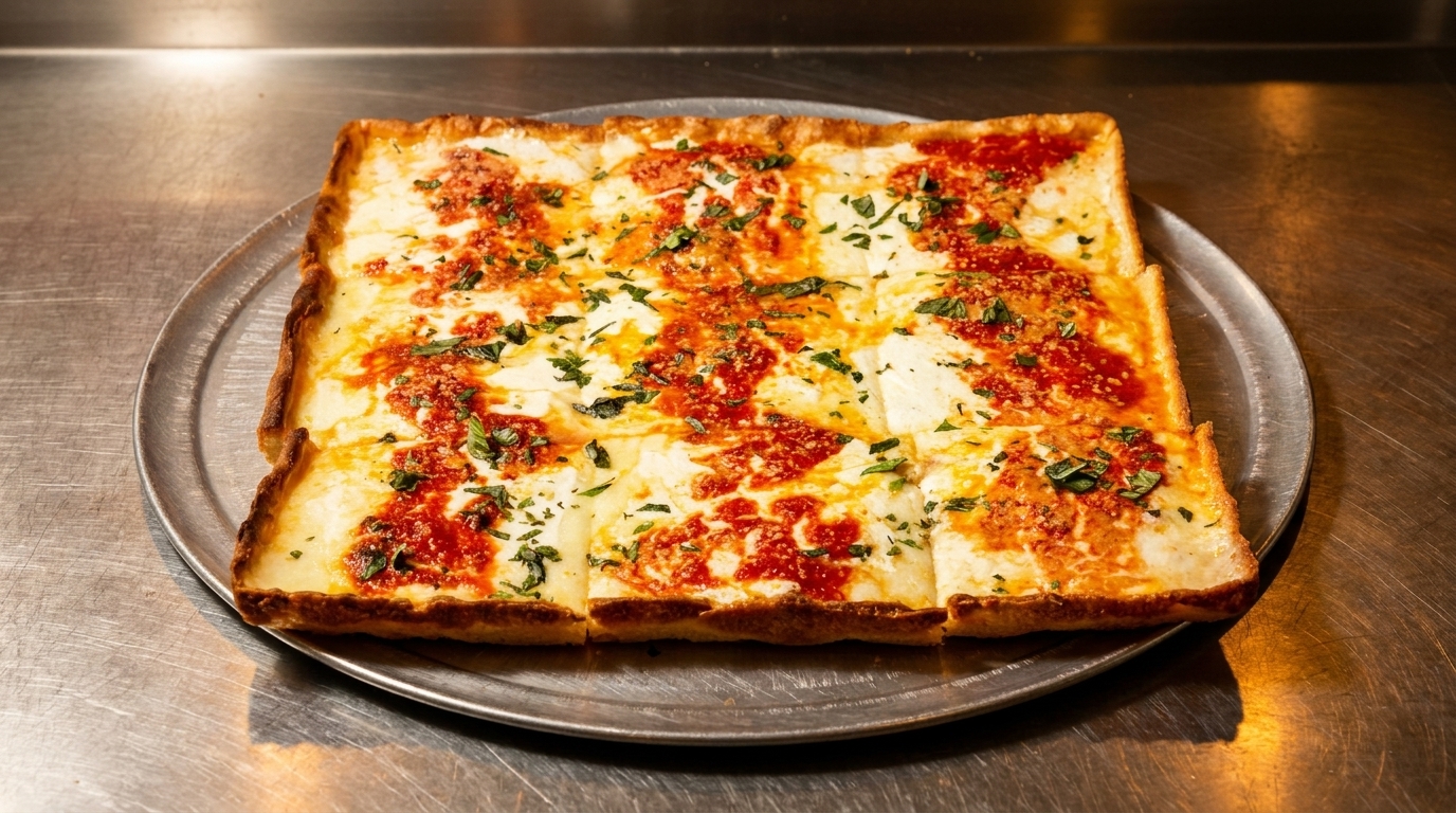 Square-cut pizza with melted cheese, red sauce, and green herbs on a metal tray.