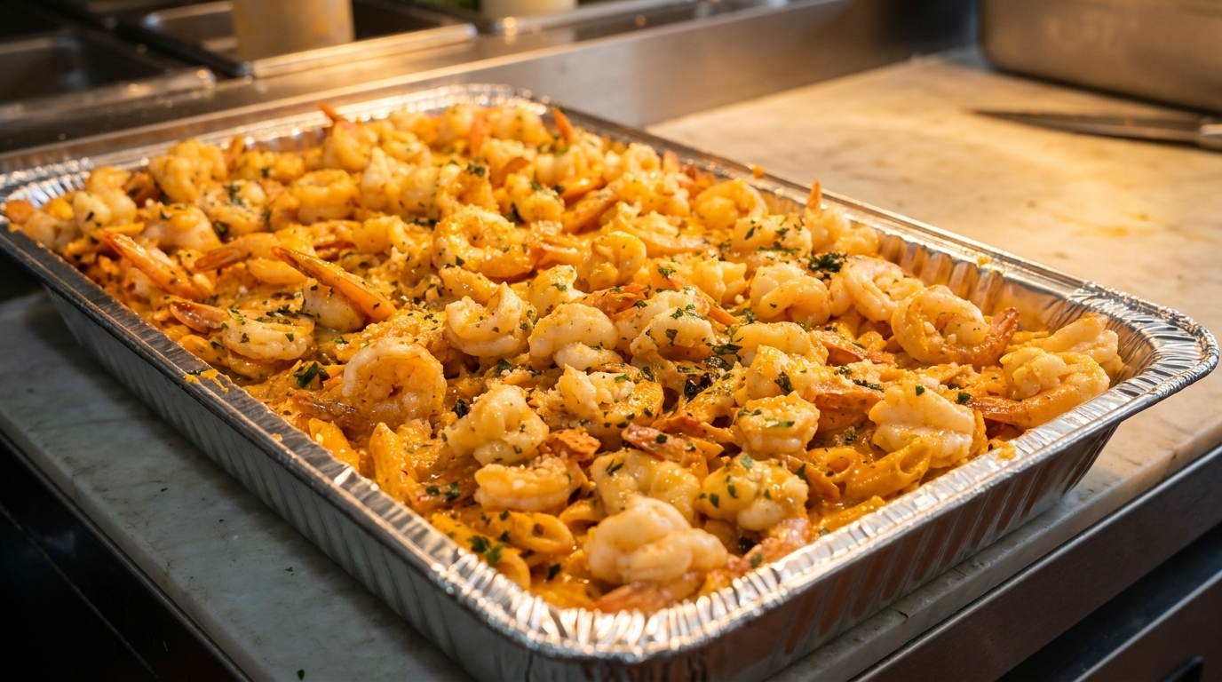 Large foil tray filled with creamy pasta and shrimp, garnished with herbs and cheese.