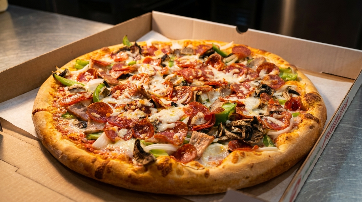 A freshly baked, hot pizza with pepperoni, mushrooms, green peppers, and onions in a cardboard box.
