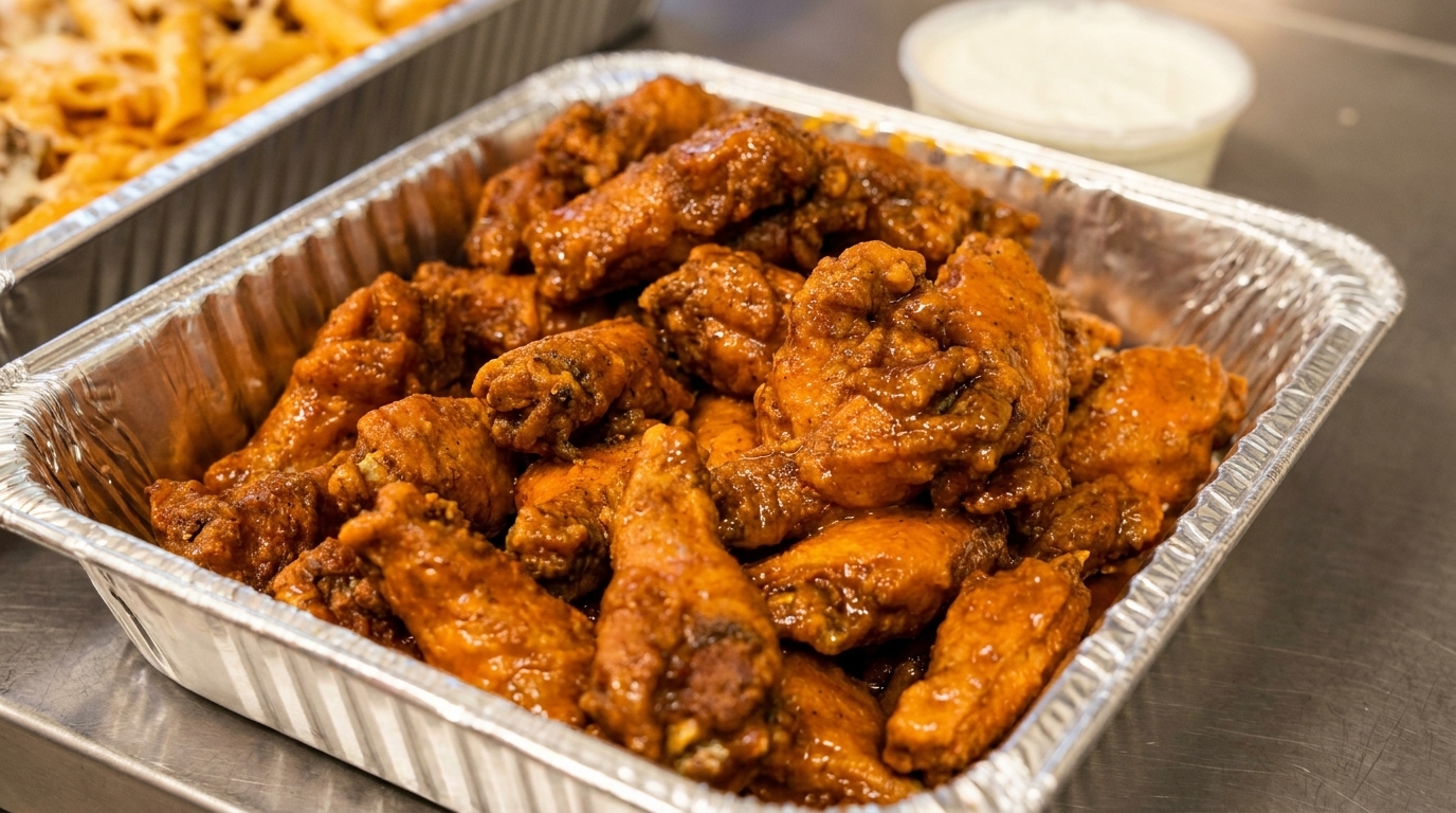 Close-up of a catering tray filled with saucy, golden-brown chicken wings, with pasta in the background.