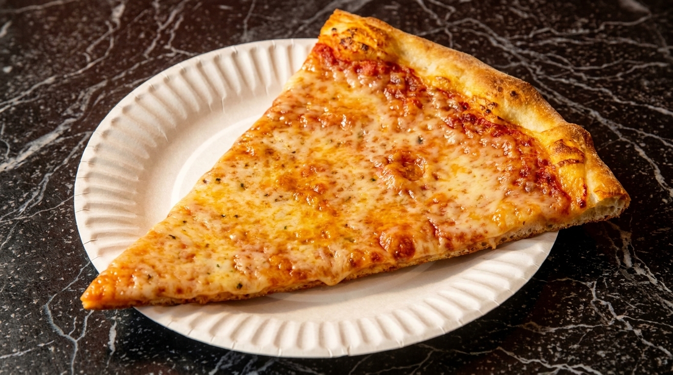 A single slice of cheese pizza with a golden crust on a white paper plate.