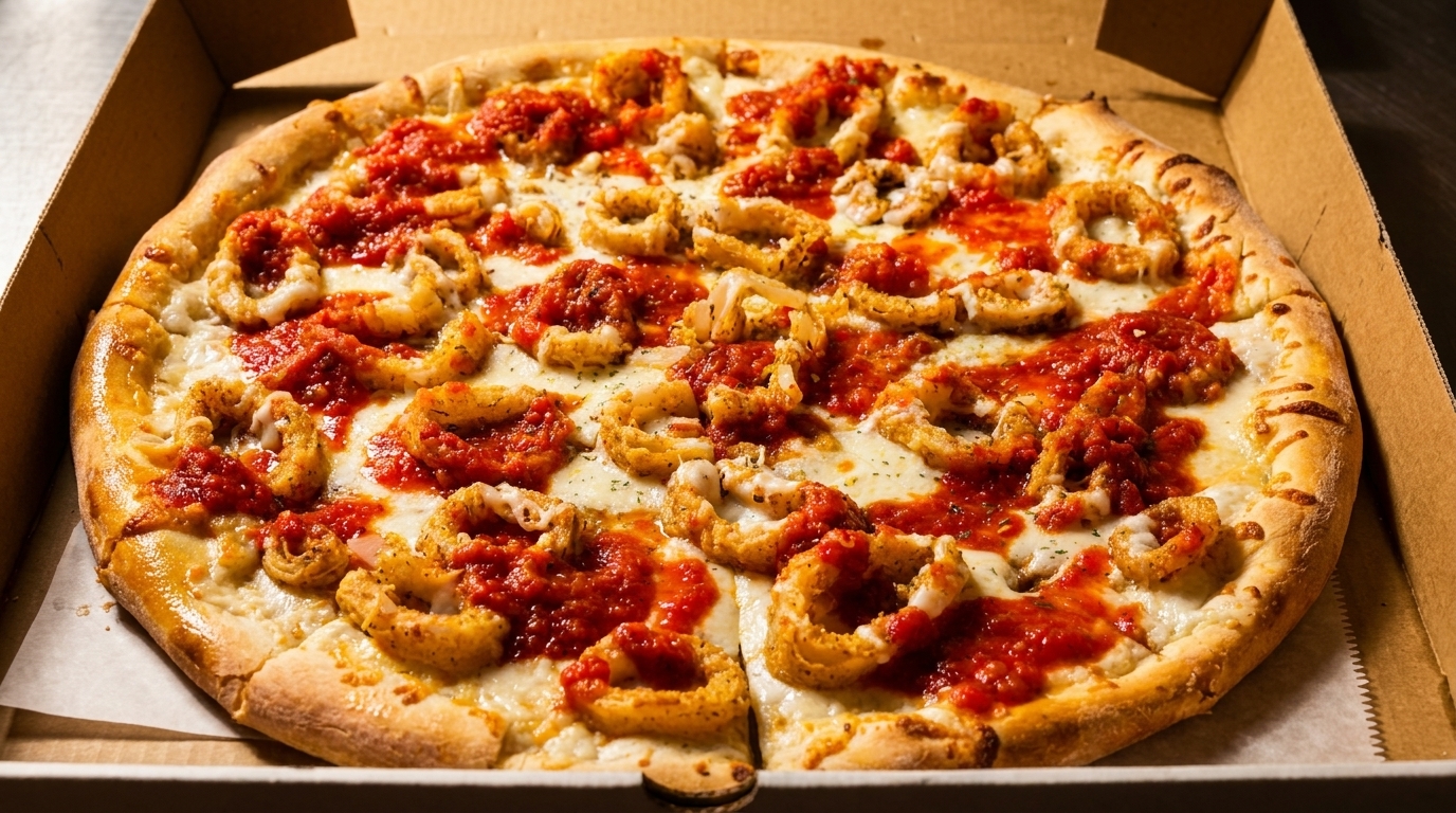 A whole pizza with calamari and red sauce in a cardboard delivery box.
