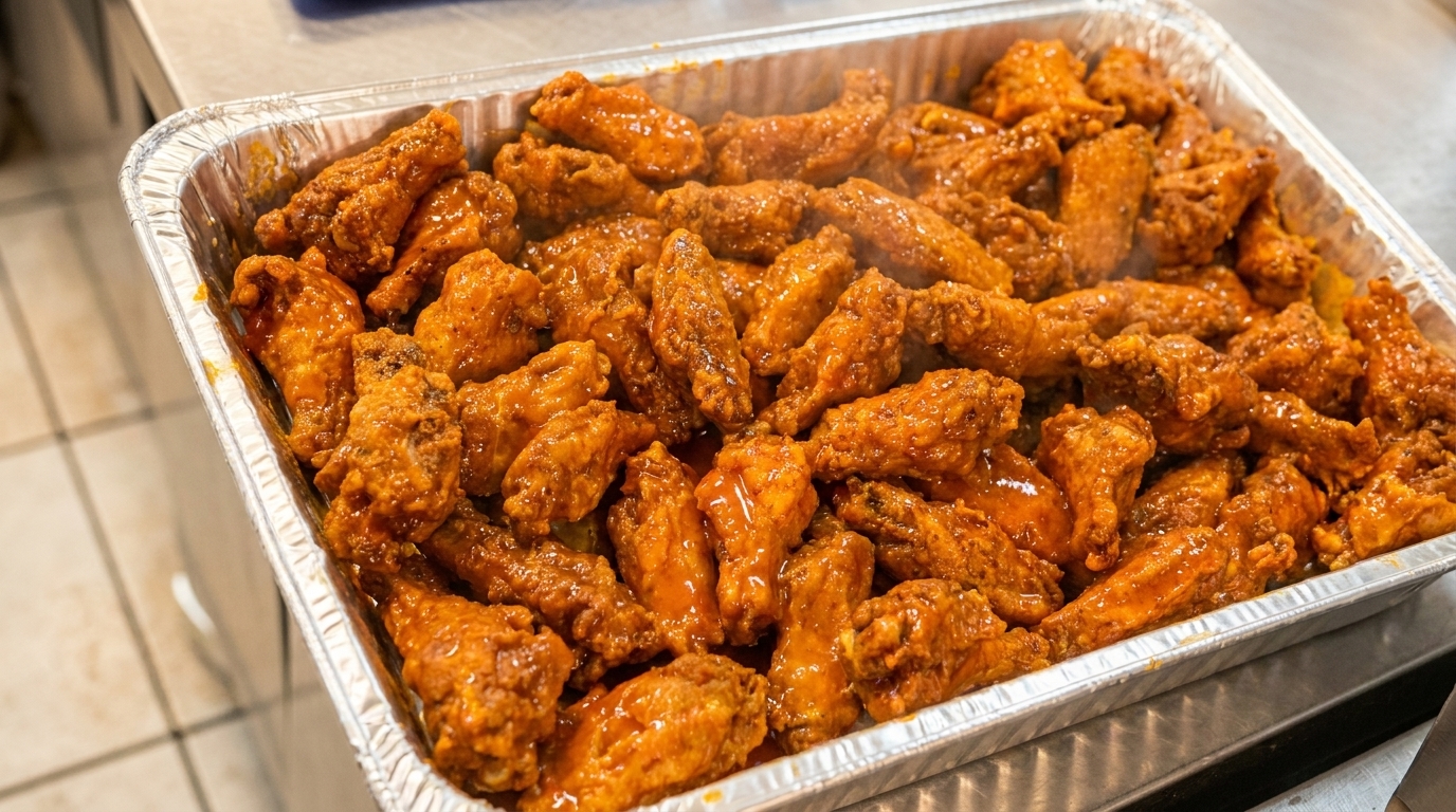 A large aluminum tray filled with numerous golden-brown chicken wings coated in a glistening orange sauce.
