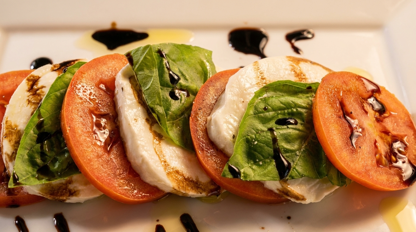 Caprese salad with sliced tomatoes, fresh mozzarella, basil leaves, and balsamic glaze on a white plate.