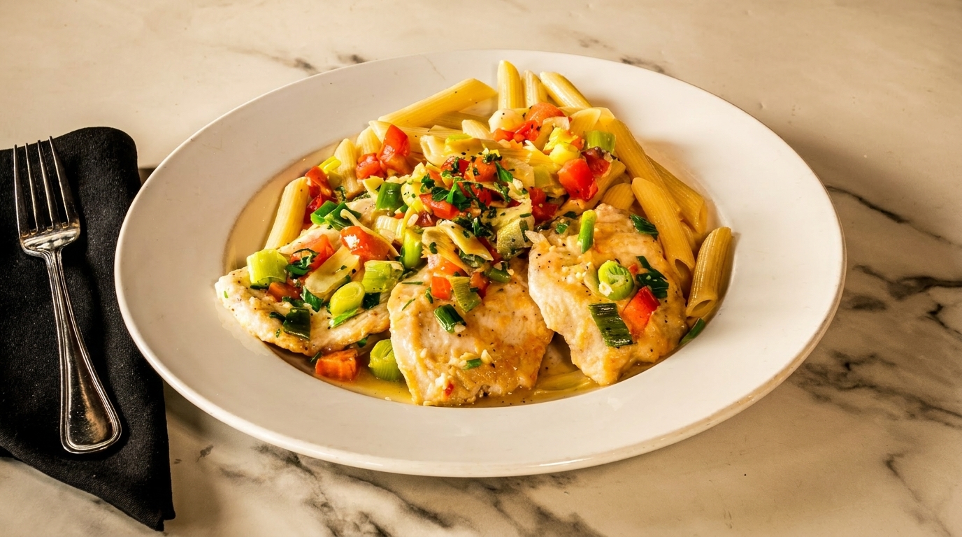 Chicken and penne pasta dish with chopped tomatoes, green onions, and herbs on a white plate.