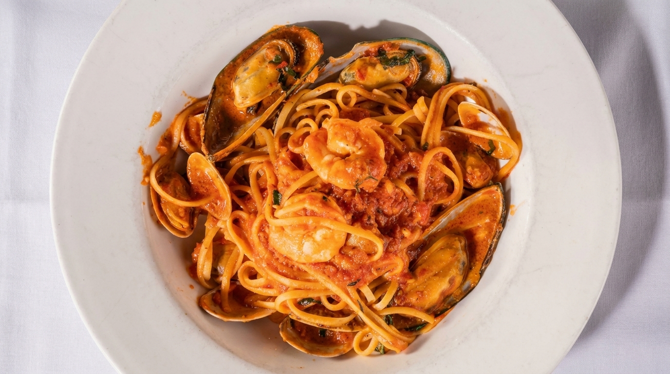 Seafood linguine with mussels, clams, and shrimp in a rich red sauce on a white plate.