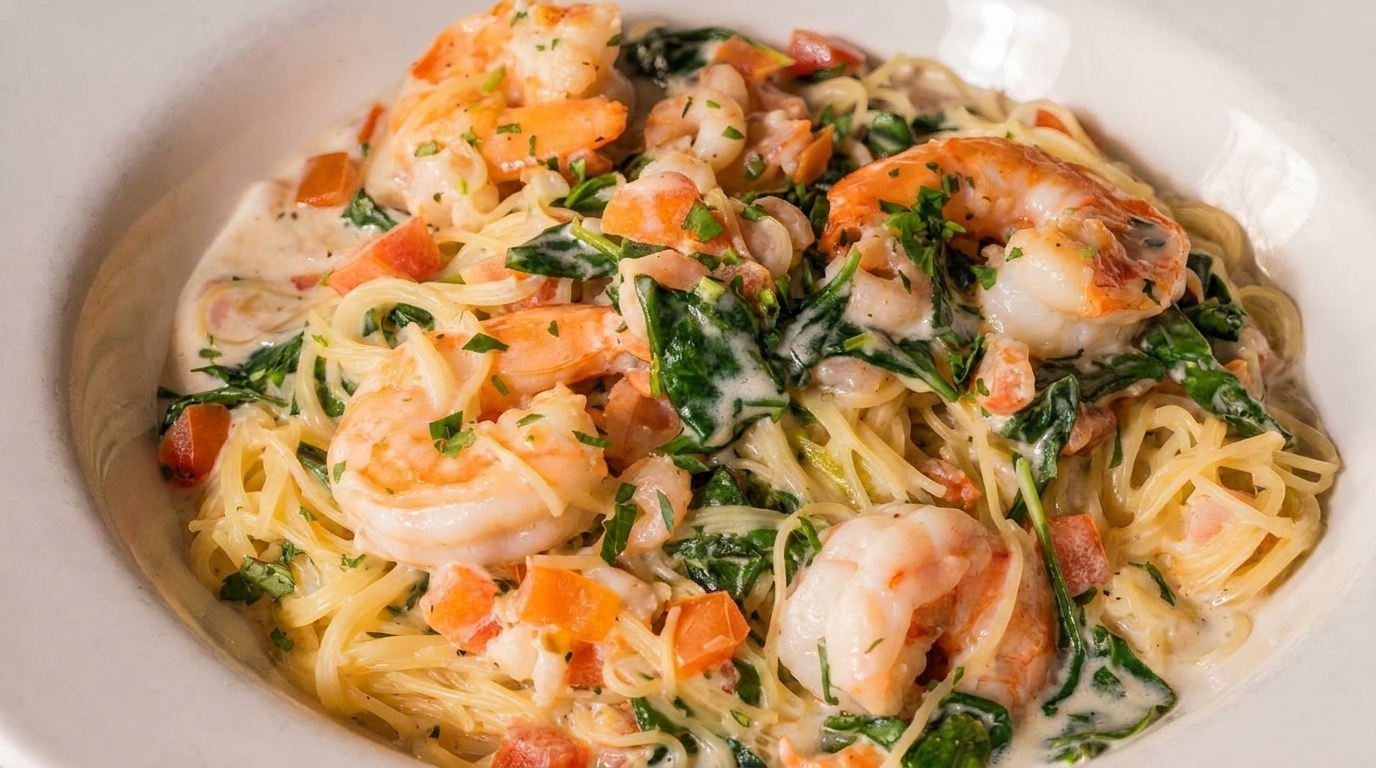 Creamy shrimp scampi pasta with spinach, diced tomatoes, and parsley in a white bowl.