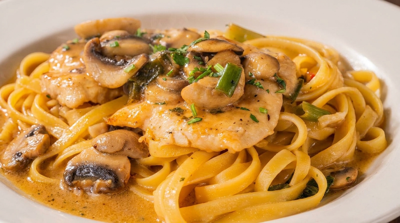 Close-up of fettuccine pasta with chicken, mushrooms, and green onions in a creamy sauce.