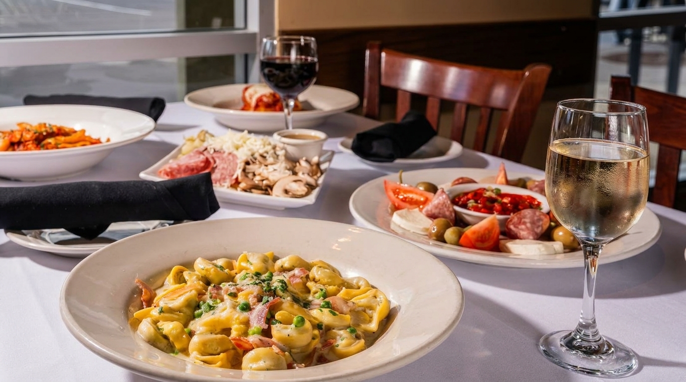 Table laden with Italian dishes, including tortellini, pasta, charcuterie, and wine glasses.