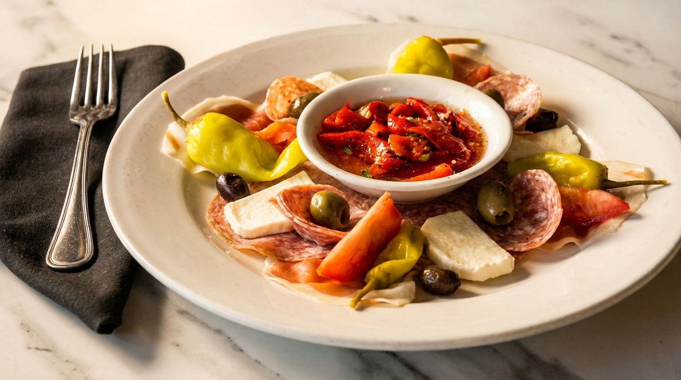 A white plate with an antipasto platter featuring meats, cheeses, olives, peppers, and a red pepper relish.
