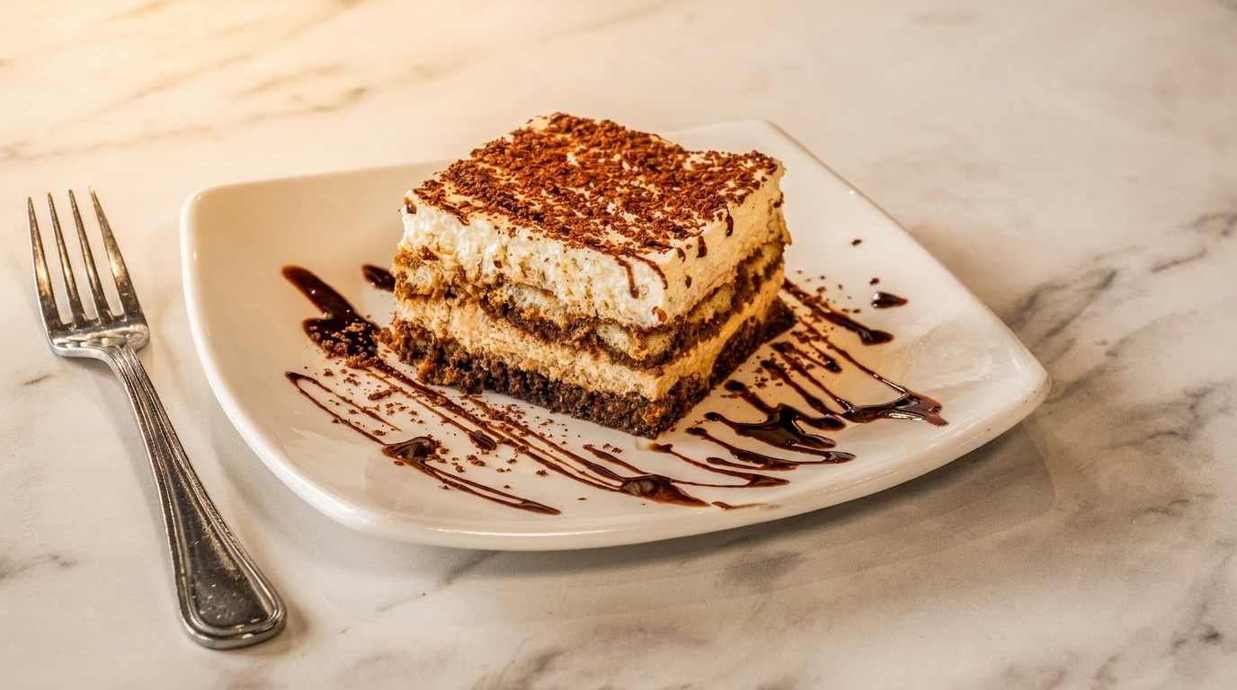 A slice of tiramisu with chocolate shavings and syrup on a white plate next to a fork.