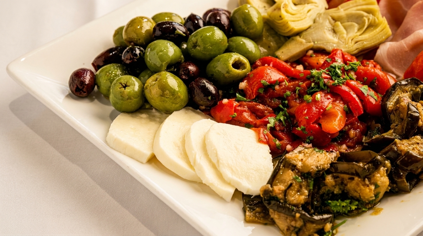 A white platter filled with green and black olives, sliced mozzarella, roasted red peppers, and eggplant.