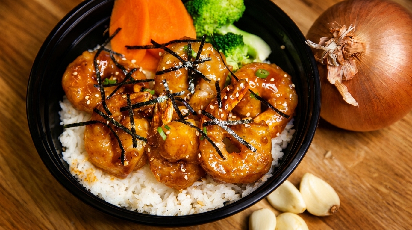 Sweet and sour shrimp with rice, broccoli, carrots, and seaweed in a black bowl.