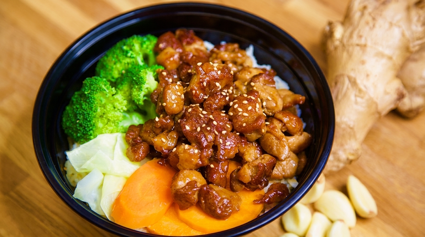 Teriyaki chicken bowl with broccoli, carrots, and cabbage, alongside ginger and garlic on a wooden surface.