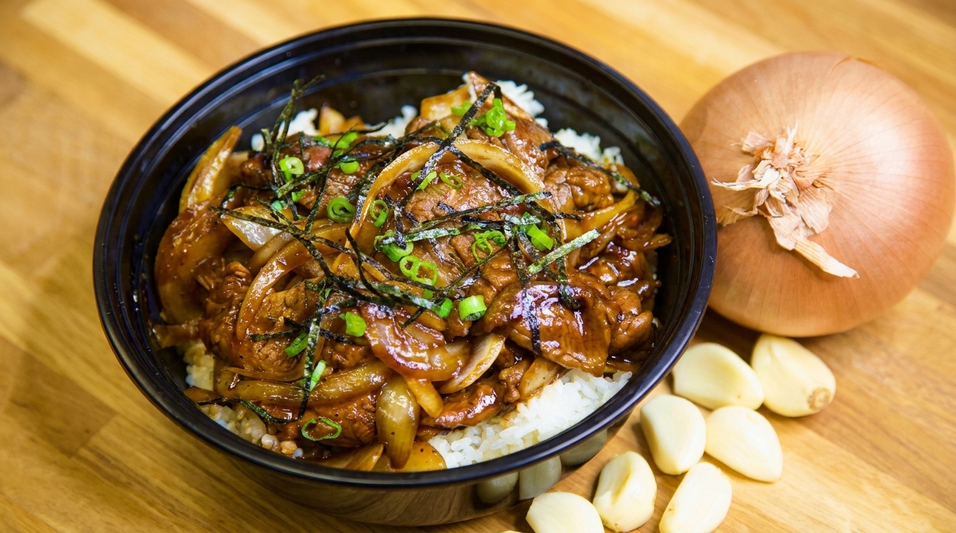 Teriyaki beef and onions over rice, garnished with seaweed and green onions, with garlic and an onion on the side.