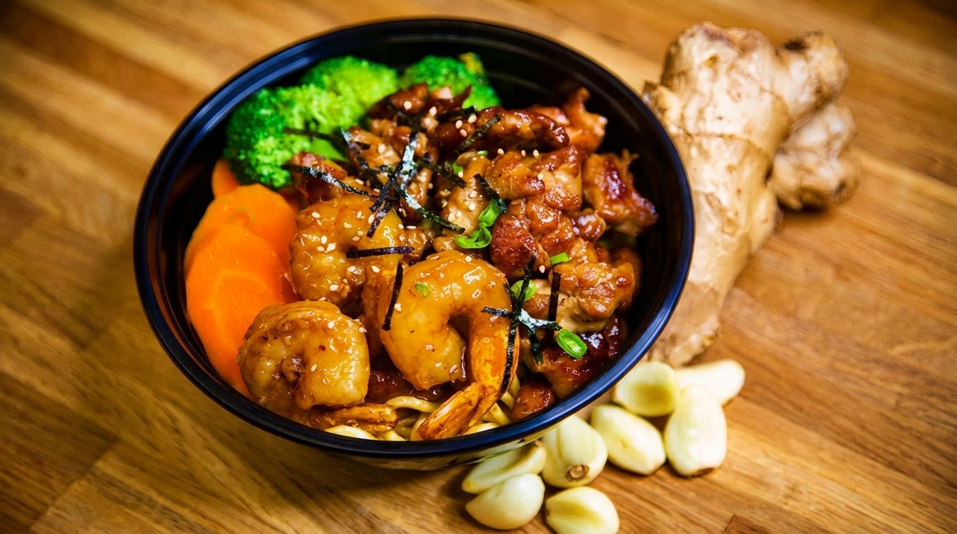 Teriyaki chicken and shrimp bowl with broccoli, carrots, and noodles, next to ginger and garlic.