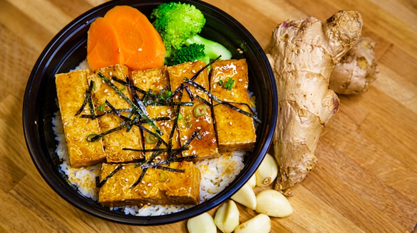 Teriyaki tofu with rice, broccoli, and carrots in a black bowl, with ginger and garlic.