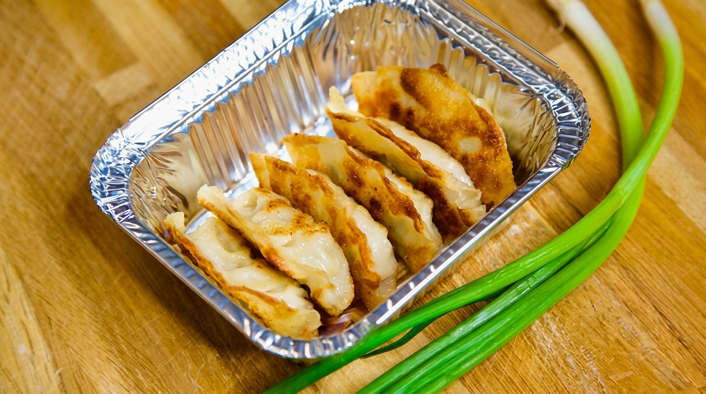 Pan-fried dumplings in a foil container with green onions on a wooden surface.