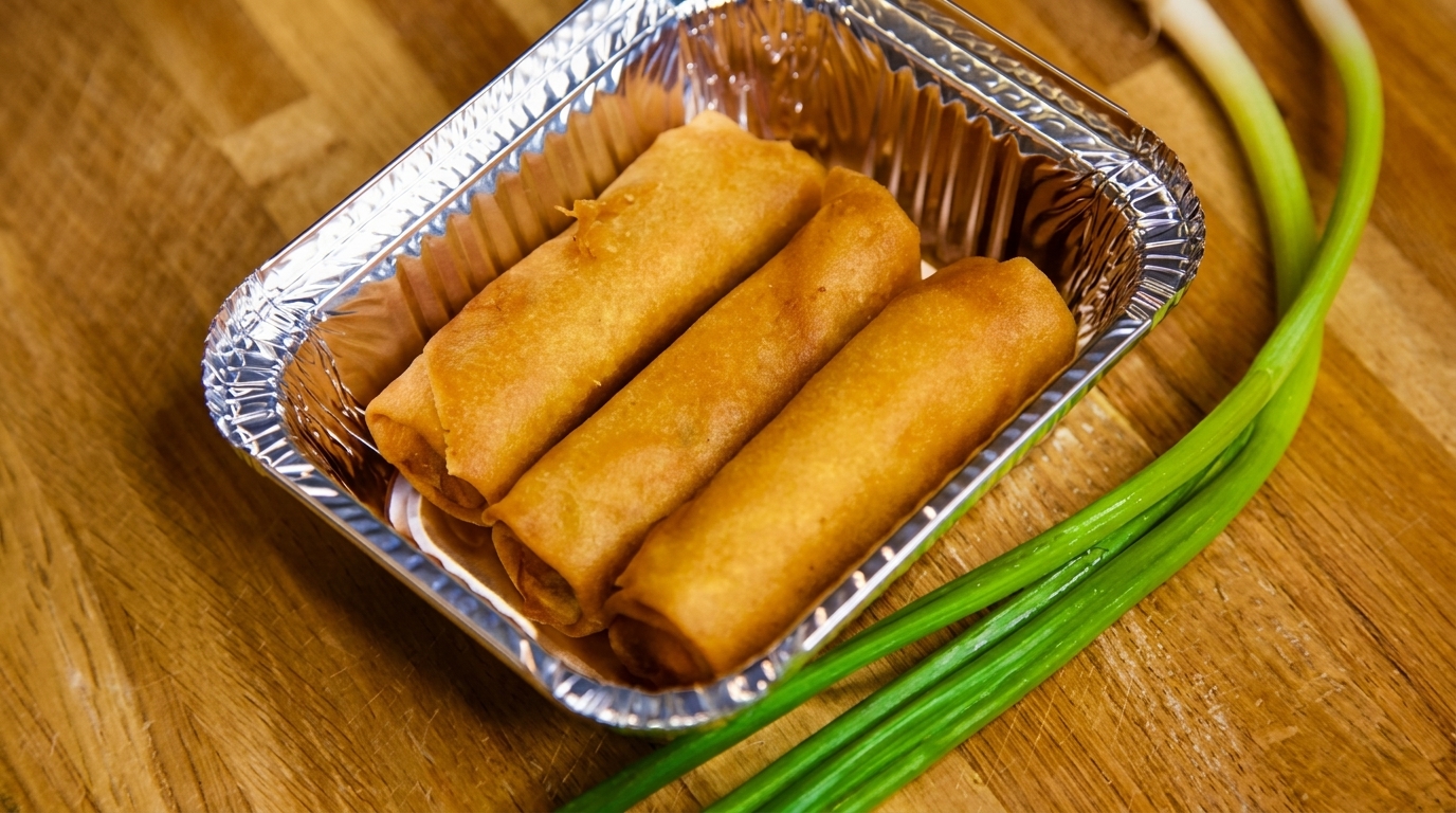 Three golden-brown spring rolls in a silver foil container, with green onions on a wooden surface.