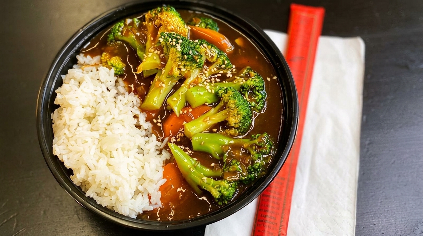 A black bowl of broccoli and carrots in brown sauce with white rice and red chopsticks.