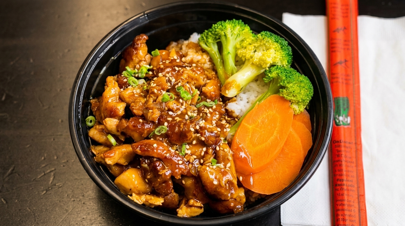 Teriyaki chicken bowl with rice, broccoli, carrots, and sesame seeds, next to red chopsticks.