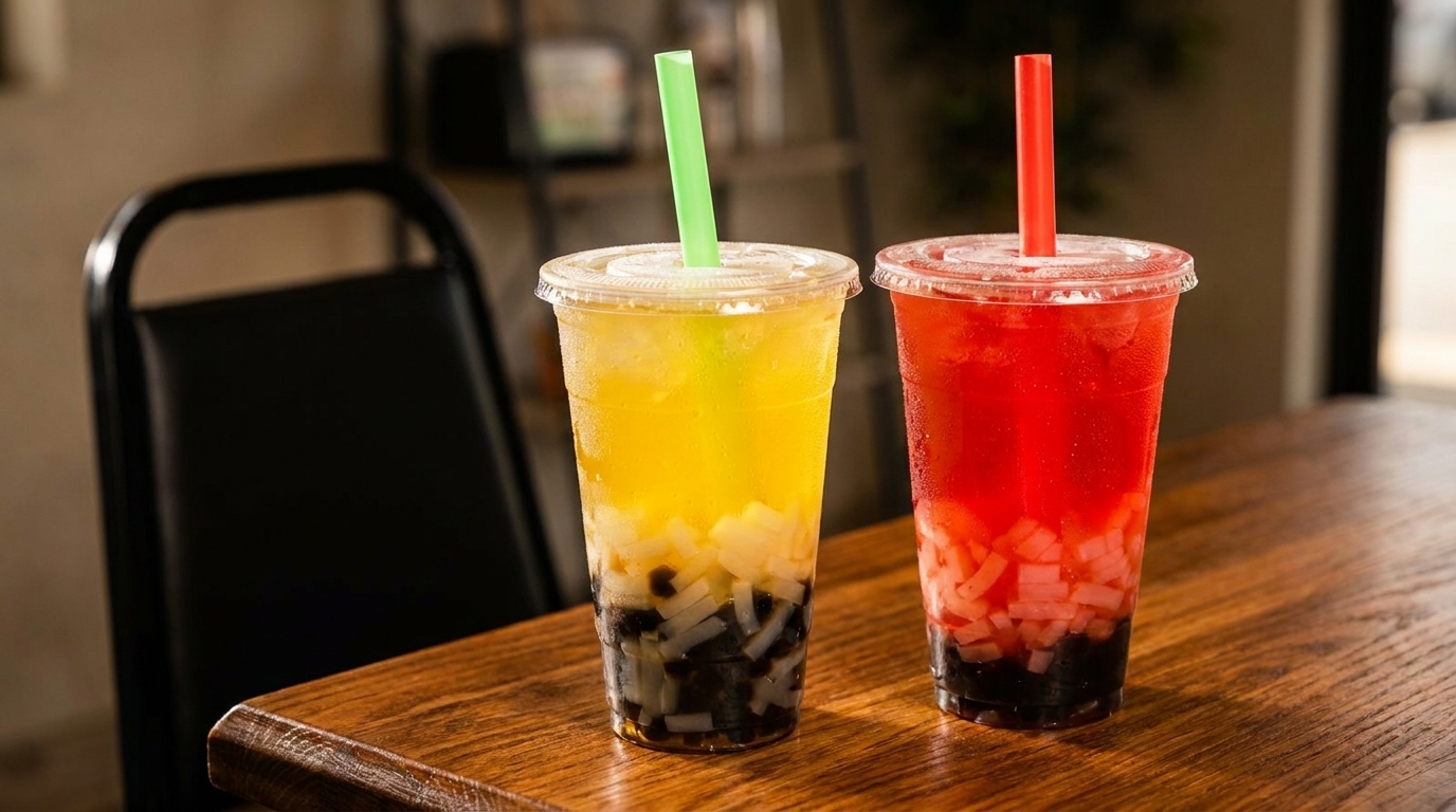 Two vibrant bubble teas, one yellow and one red, with toppings and straws on a wooden table.