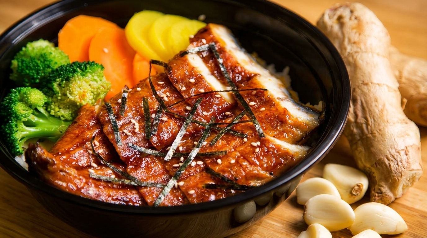 Unagi donburi with broccoli, carrots, and pickled radish, next to ginger and garlic.