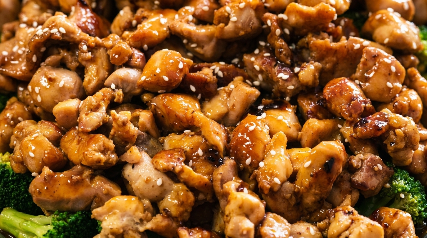 Close-up of glistening teriyaki chicken pieces with sesame seeds, served over bright green broccoli.